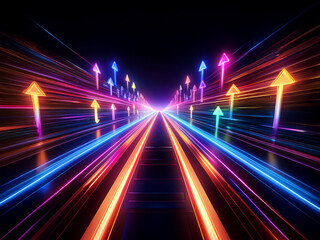 Obraz premium Vibrant neon arrows illuminate a futuristic highway stretching to infinity, symbolizing progress and upward mobility. Speed and dynamism are emphasized by glowing light trails.