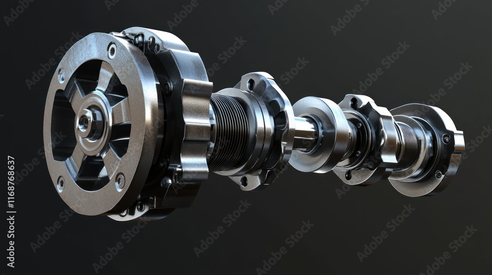 Poster a detailed 3d rendering of a mechanical component, likely from an engine or machinery.