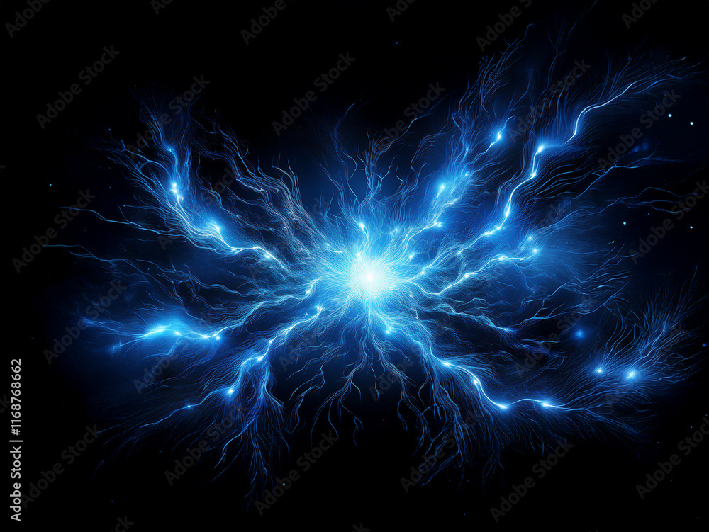 Poster A vibrant blue energy burst explodes from a central point, radiating outward in intricate, lightning-like patterns against a pitch-black background.  The glowing light evokes a sense of power and cosm