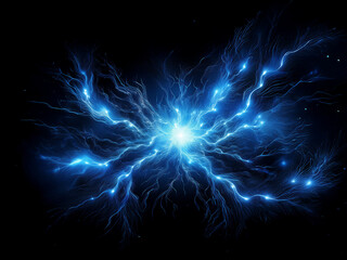 A vibrant blue energy burst explodes from a central point, radiating outward in intricate, lightning-like patterns against a pitch-black background.  The glowing light evokes a sense of power and cosm