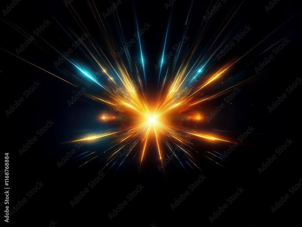 Poster a vibrant burst of light explodes from a central point, radiating outward with streaks of orange and