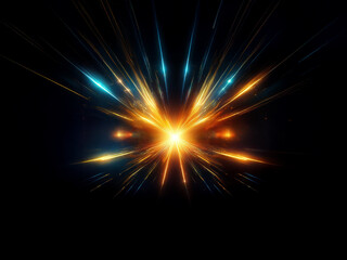 Fototapeta premium A vibrant burst of light explodes from a central point, radiating outward with streaks of orange and teal energy against a deep black backdrop. The light creates a star-like effect with glowing trail