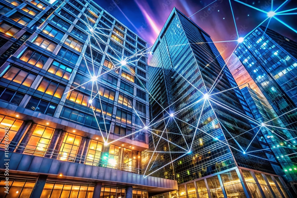 Aufkleber global network communication: email server architecture, data center, futuristic building