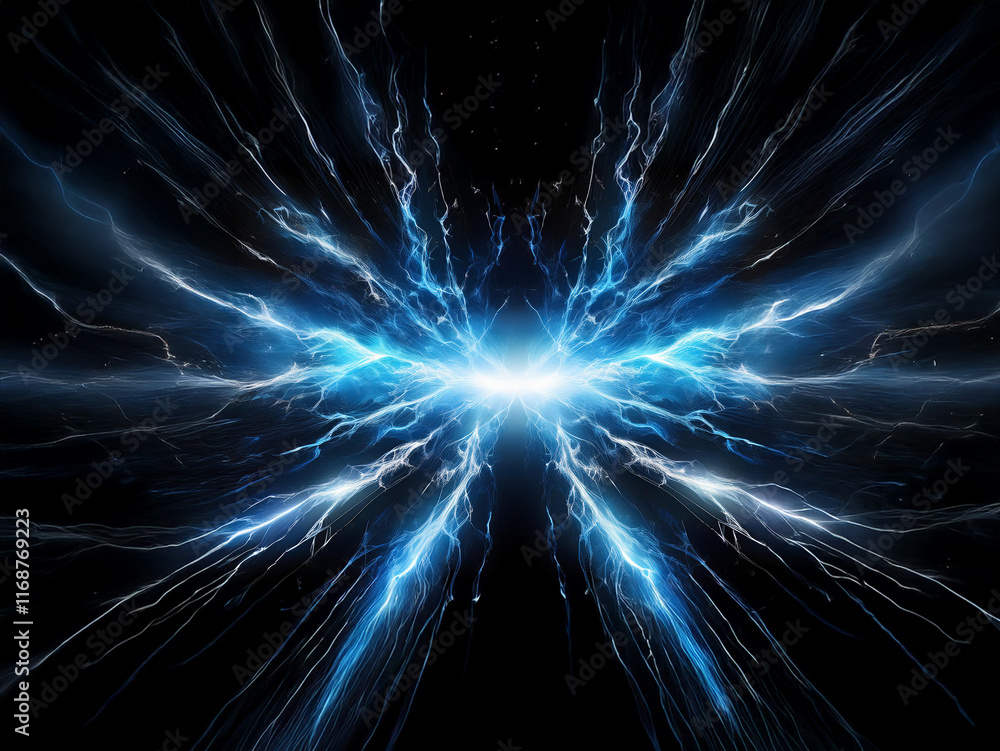 Poster abstract image depicting a vibrant, bioluminescent butterfly-like form composed of electric blue ene