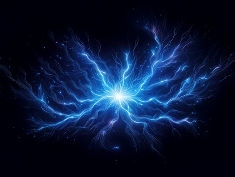 A vibrant, celestial explosion of blue energy pulses outward, radiating light and power in a dark void. Intricate, glowing tendrils spread from a central point of intense brightness.