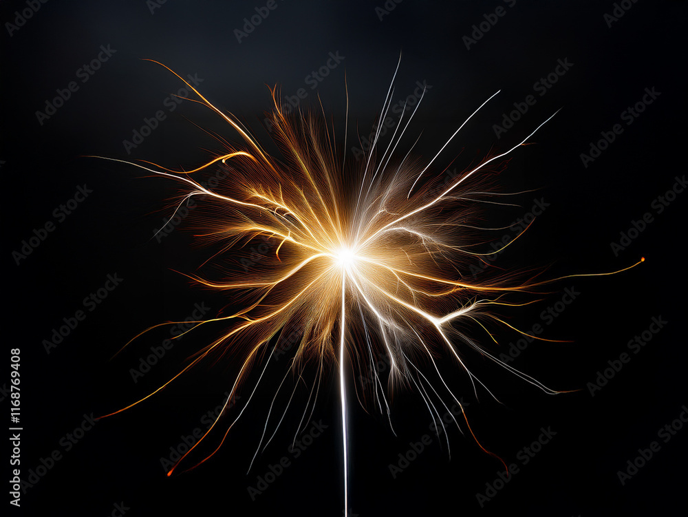 Poster A burst of light, resembling a sparkler or a dandelion, explodes outwards against a dark background.  Intricate, glowing lines radiate from a central point, creating a sense of energy and movement.
