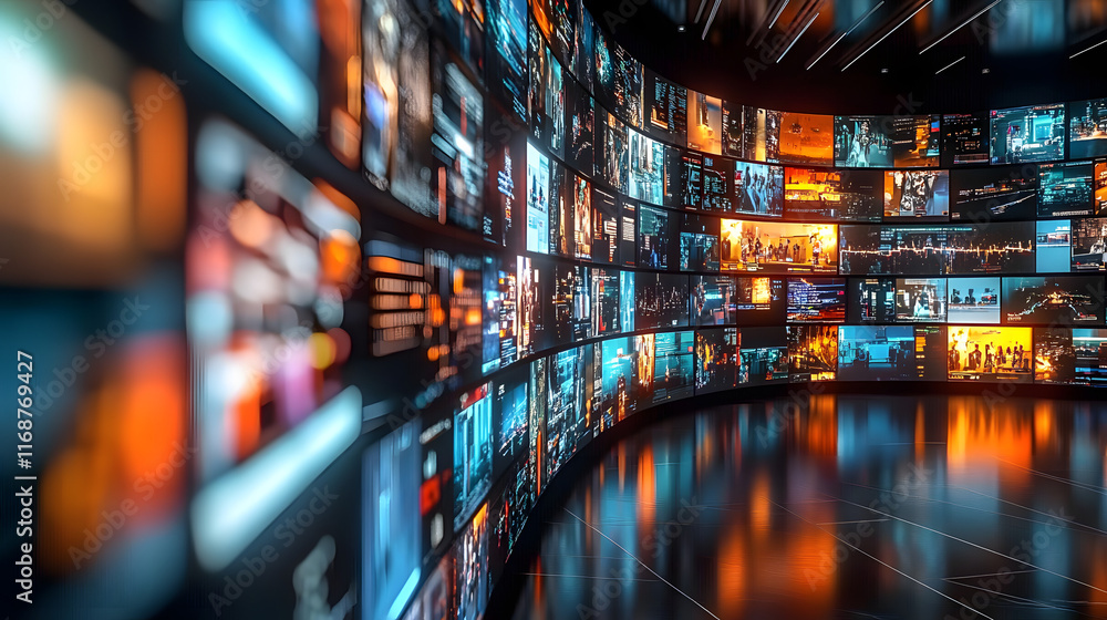 Poster a multitude of vibrant screens in a curved display showing various news and media broadcasts in a mo