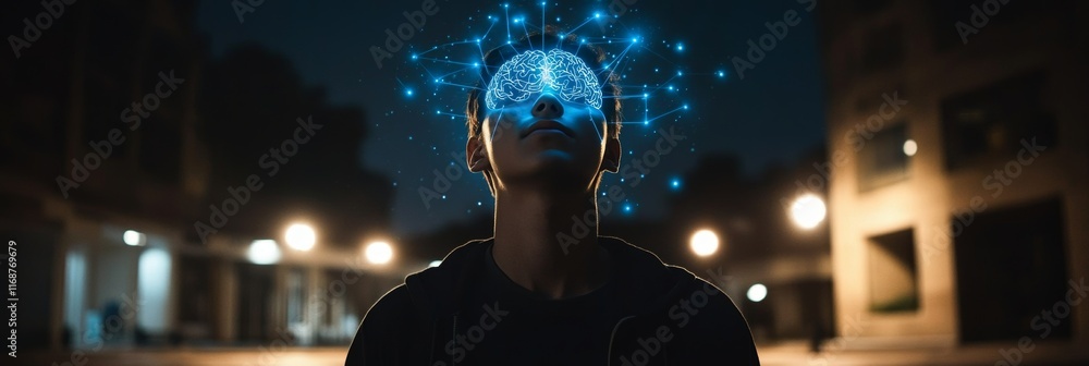 Poster man with glowing brain network connections, concept of cognitive processes. stock photo