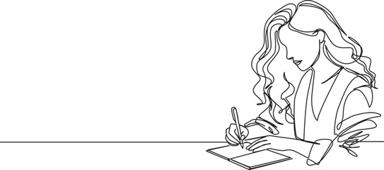 continuous line drawing of woman writing in journal or diary, line art vector illustration