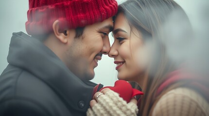 A tight close-up shot of a Valentine's Day moment, set in thick foggy surroundings, with detailed focus and low visibility.