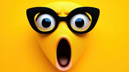 A surprised cartoon face with large eyes and glasses against a bright yellow background.