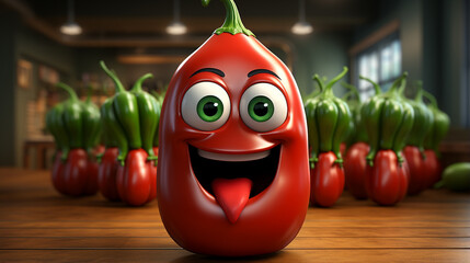 Anthropomorphic Red Pepper with Cheerful Expression in Rustic Setting - Fun Stock Image