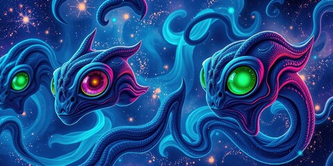 Cosmic Creatures with Glowing Eyes in a Nebula
