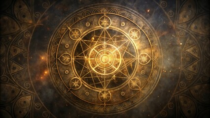 Esoteric mystical background with geometric patterns and golden colors, abstract mood, copy space