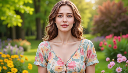 Fototapeta premium Radiant woman enjoying spring in a vibrant garden, floral fashion