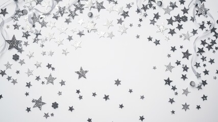 Fototapeta premium Silver star confetti and ribbons scattered on a white background, perfect for festive celebrations or elegant design projects