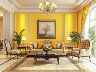 Elegant Living Room Decor Yellow Walls and Antique Furniture