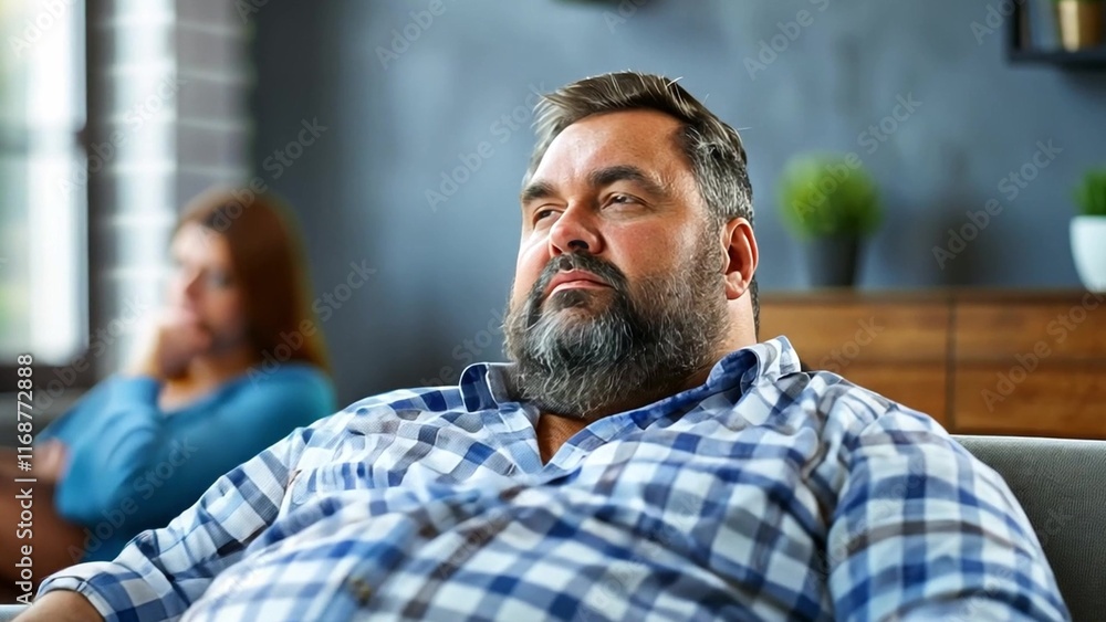 Fototapete a middle-aged man with a beard sits thoughtfully in a therapy session focused on obesity. the atmosp