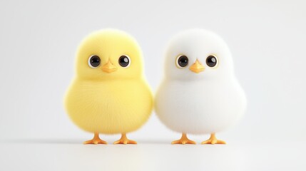 Fototapeta premium A pair of fluffy chicks standing side by side, with soft shadows on a clean white surface, evoking a sense of innocence.