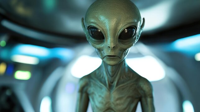 A detailed depiction of an alien figure in a futuristic setting.