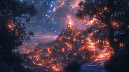 Naklejka premium Magical illuminated night village. Glowing houses, starry skies, fantasy landscape. Enchanted, whimsical, dreamy scene.