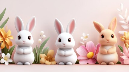 A seamless design of watercolor-style bunnies sitting among colorful flowers and greenery, perfect for spring-themed wallpapers and prints.