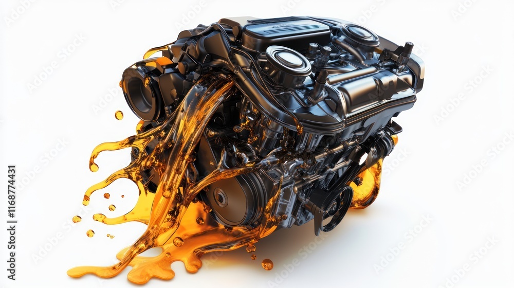 Poster a detailed engine with oil splashing, showcasing mechanical design and functionality.