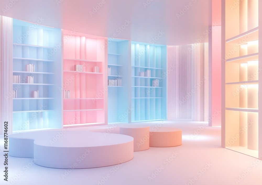Poster futuristic learning space with pastel tones and abstract bookshelves