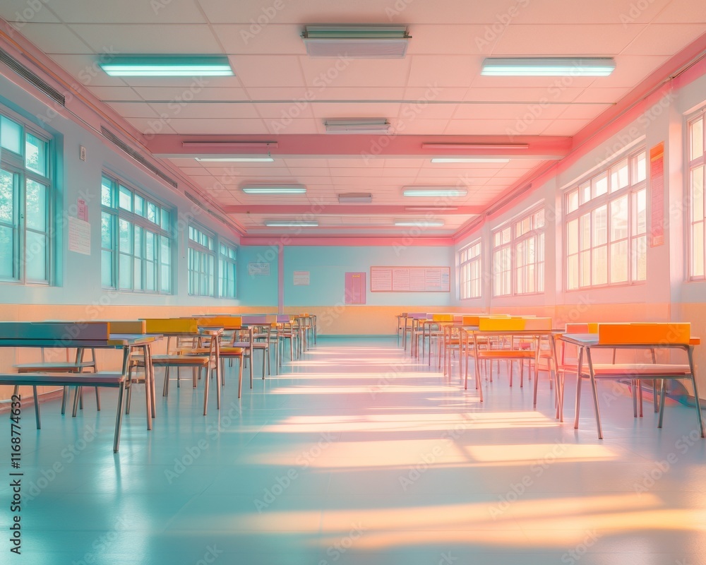Poster surreal pastel classroom with abstract light streaks and modern learning environment