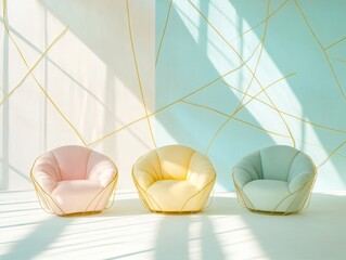 Pastel Harmony Surreal Financial Collaboration Chairs with Golden Lines in Soft Light