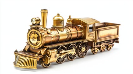 Obraz premium A detailed golden model of a steam locomotive, showcasing craftsmanship and vintage design.