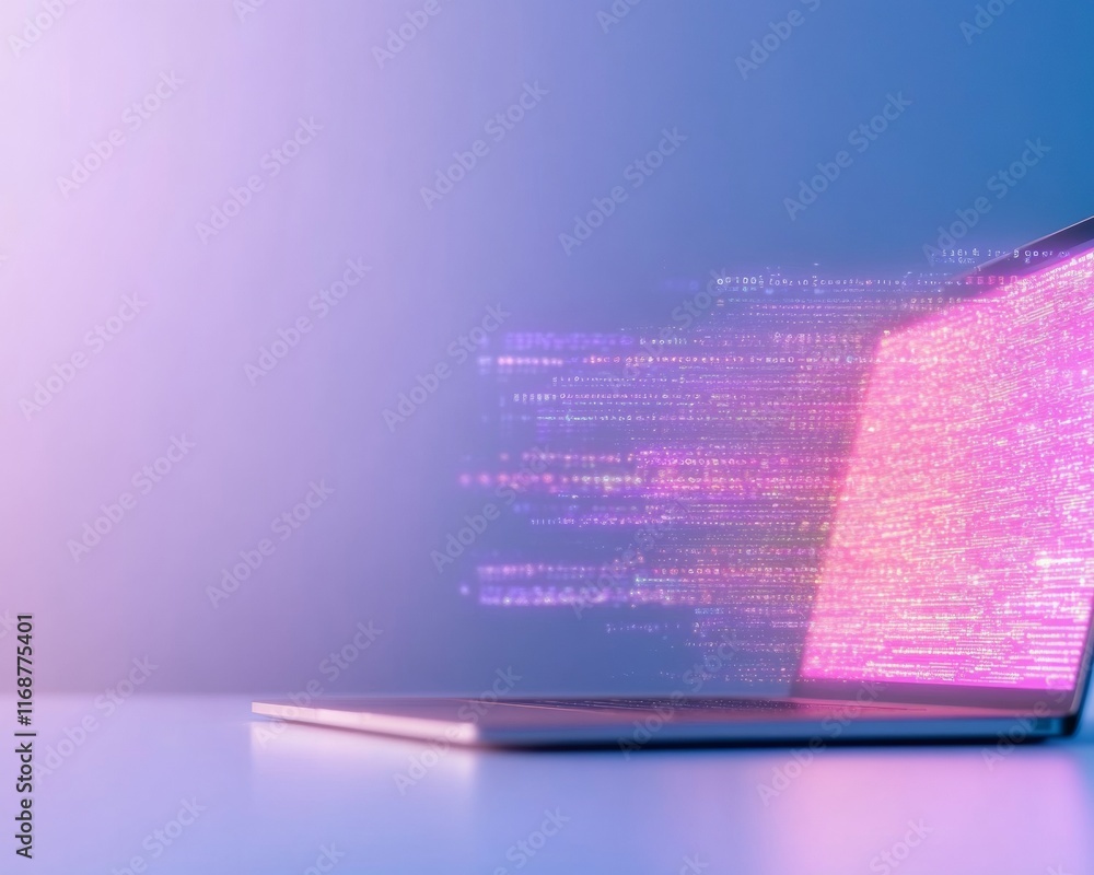 Aufkleber futuristic desk scene with glowing laptop and digital interface in cyber-blue environment