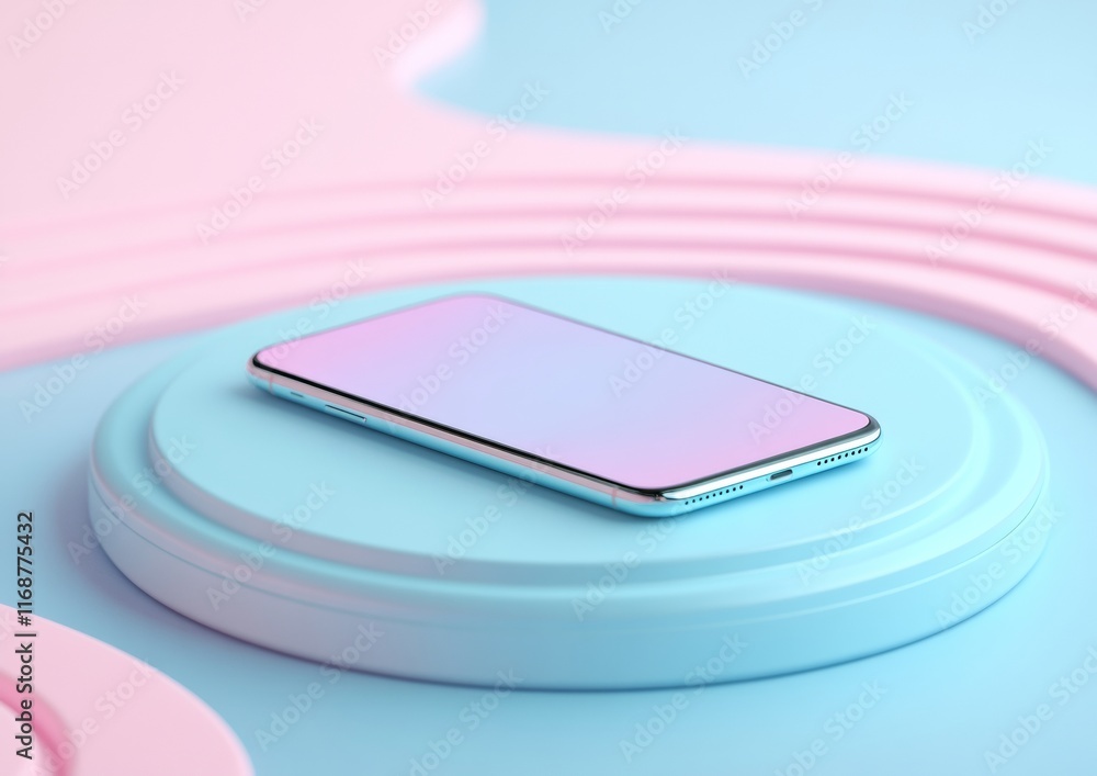 Poster pastel surrealism in digital communication soft color waves and smartphone interface