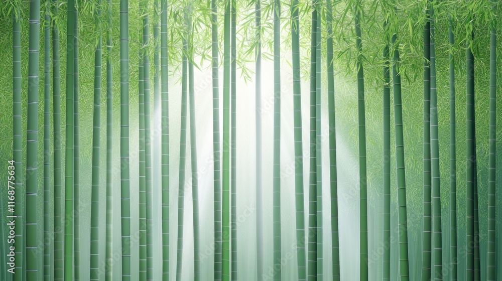 Poster lush bamboo forest with soft light filtering through the trees.