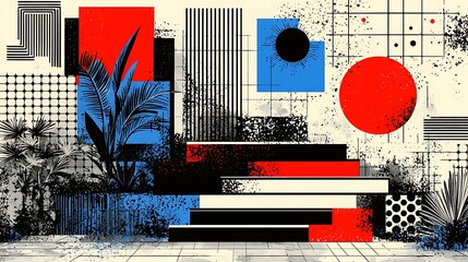 Abstract geometric background with tropical plants and textured platform.
