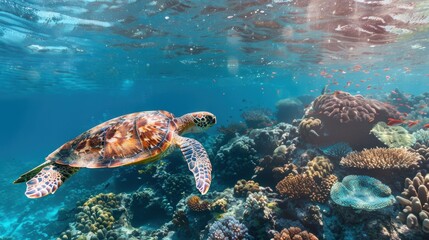Obraz premium Majestic Sea Turtle Swimming Over Vibrant Coral Reef in Ocean