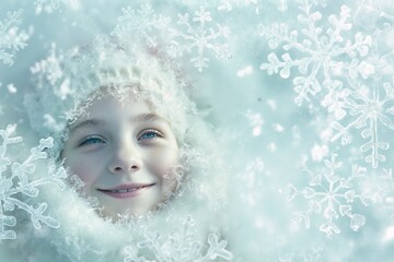 Face of a young smiling girl, seen through a snowy window