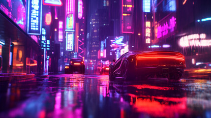 Obraz premium Sleek sports cars drive through a futuristic neon-lit city at night, with vibrant reflections on the wet street.