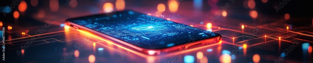 Poster neon cybersecurity concept encrypted message on smartphone amid abstract lights
