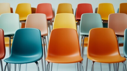 Fototapeta premium Stackable plastic chairs, arranged on white background for practical storage solutions