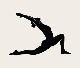 Woman doing Yoga, warrior pose. Slim girl doing yoga. Hand drawn black silhouette Vector illustration. Weight Loss. Health care and lifestyle concept. Female yoga.