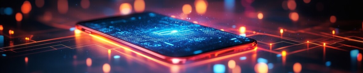 Obraz premium Neon Cybersecurity Concept Encrypted Message on Smartphone Amid Abstract Lights