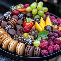 Colorful fruit and macaron dessert platter outdoor picnic food photography natural light close-up culinary art