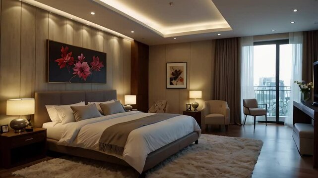 A warm, inviting bedroom with soft lighting is displayed, A modern bed, armchairs, and art are visible.