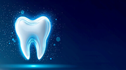 A shining 3D tooth on a glowing blue background with sparkling particles, symbolizing clean and healthy dental care. Perfect for oral hygiene and dental health promotions.
