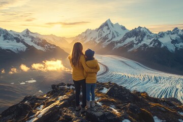 Obraz premium Mother and child stand on top of a mountain and look into the future. Generative AI