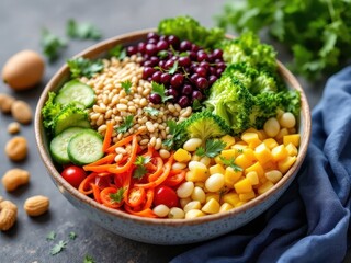 A vibrant meal bowl featuring a mix of colorful vegetables and wholesome grains. Perfect for health, nutrition, and plant-based lifestyle themes