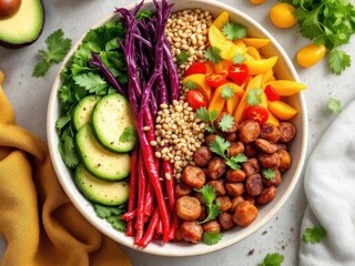 A vibrant meal bowl featuring a mix of colorful vegetables and wholesome grains. Perfect for health, nutrition, and plant-based lifestyle themes