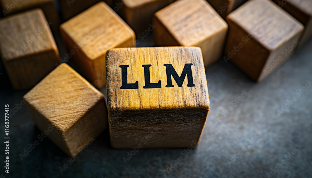 Poster wood cubes with abbreviation text llm. master of laws. large language model. top view. close-up.