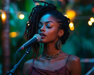 Enchanting Night Performance Female Singer Under Fairy Lights in Outdoor Concert